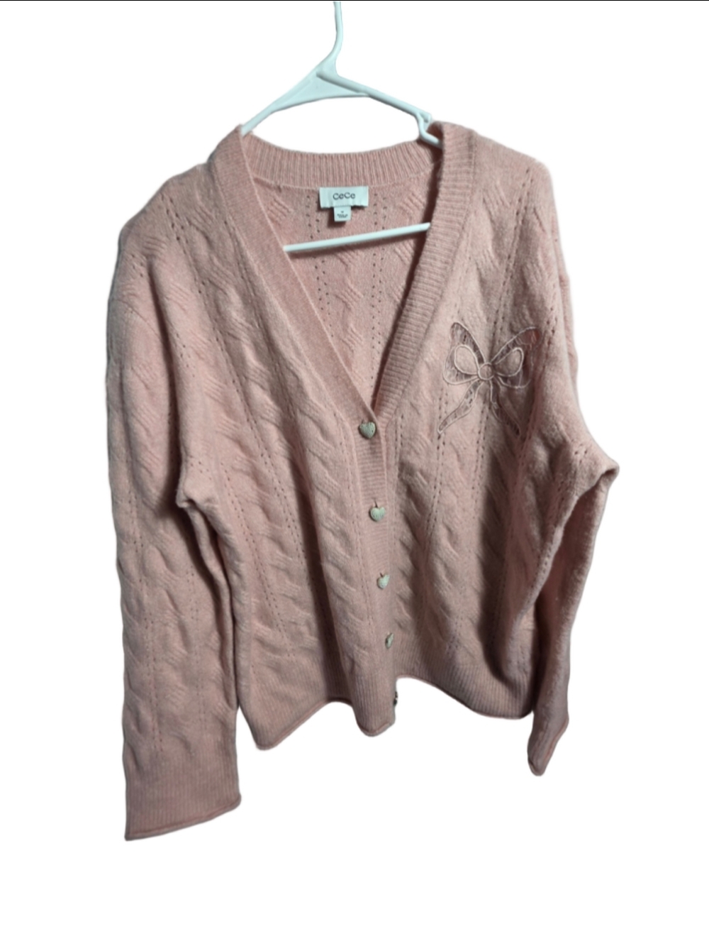 Women's CeCe Pink Cable Knit Cardigan Bow Detail, Size M coquette girlhoodcore